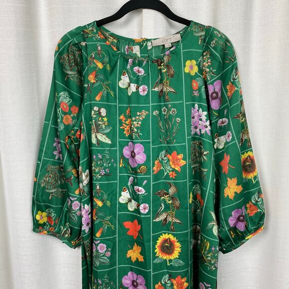 LOFT Green Floral Bird Butterfly Garden Puff Sleeve Shift Midi Dress Sz.M NWT - Picture 5 of 16